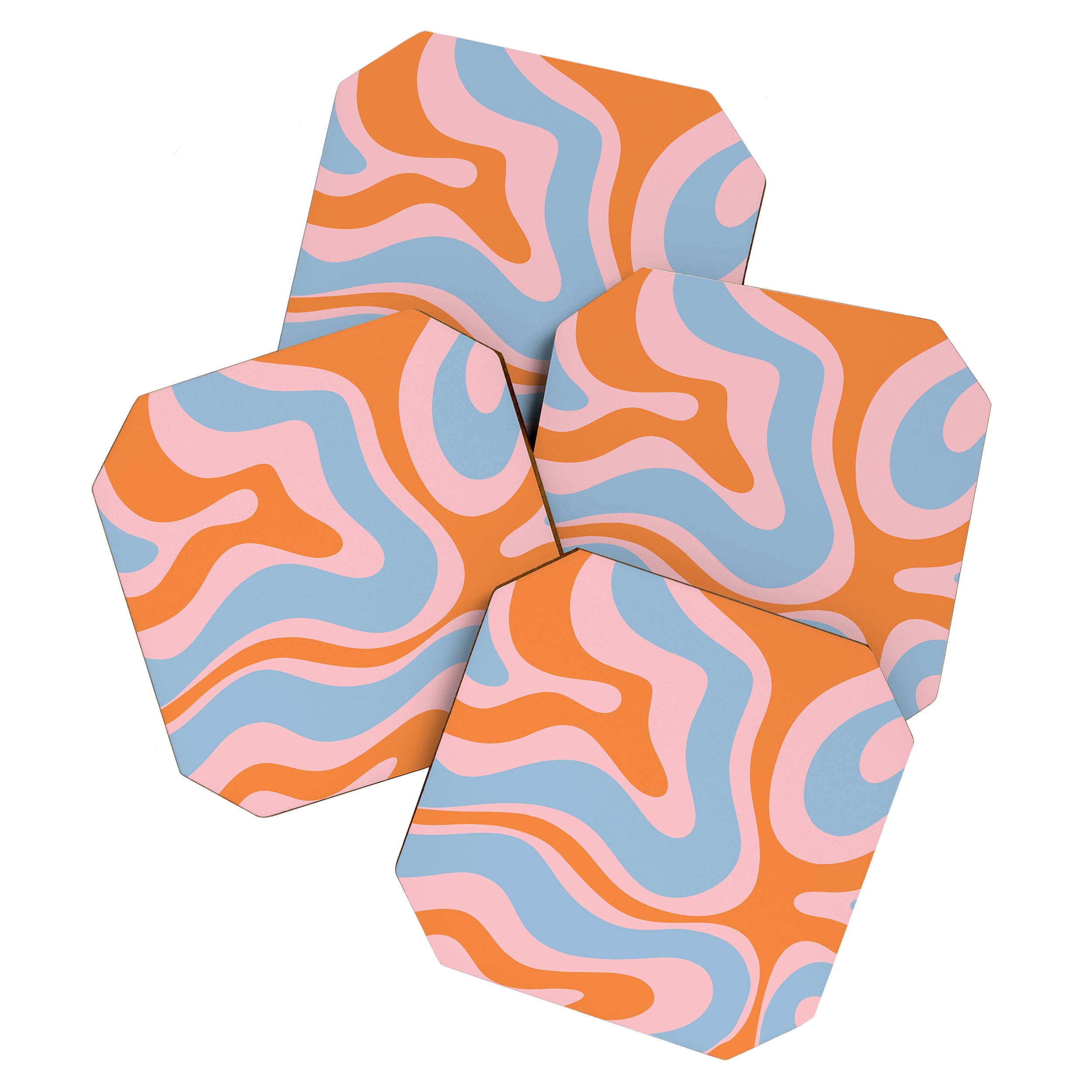 Modern Retro Liquid Swirl Abstract Pattern in Pastel Pink, Light Blue, and Orange Coaster Gallery Image 1