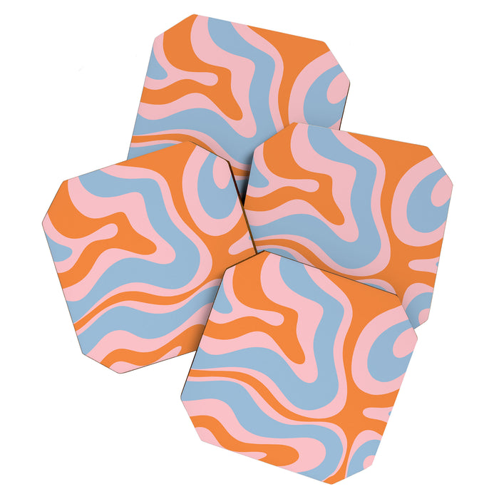 Modern Retro Liquid Swirl Abstract Pattern in Pastel Pink, Light Blue, and Orange Coaster Gallery Image 1