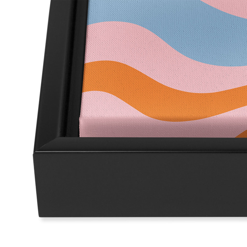 Modern Retro Liquid Swirl Abstract Pattern in Pastel Pink, Light Blue, and Orange Framed Canvas Print Gallery Image 3