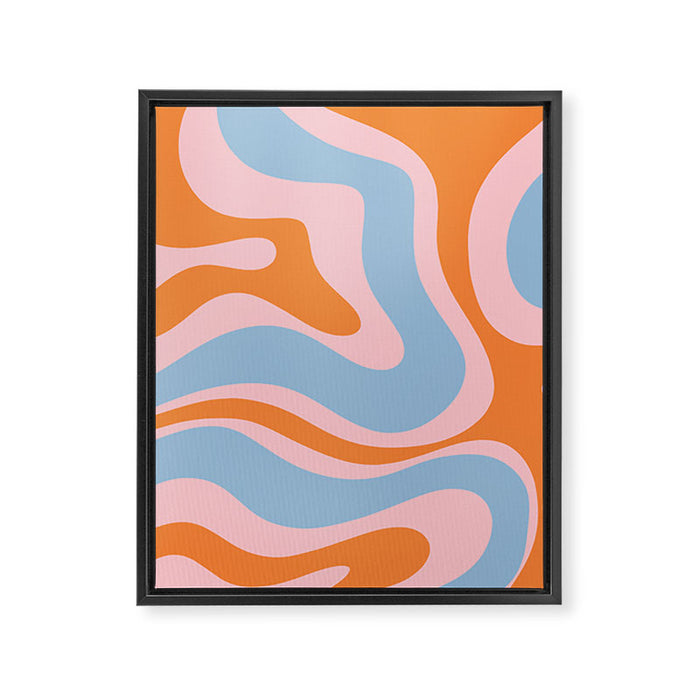 Modern Retro Liquid Swirl Abstract Pattern in Pastel Pink, Light Blue, and Orange Framed Canvas Print Gallery Image 1