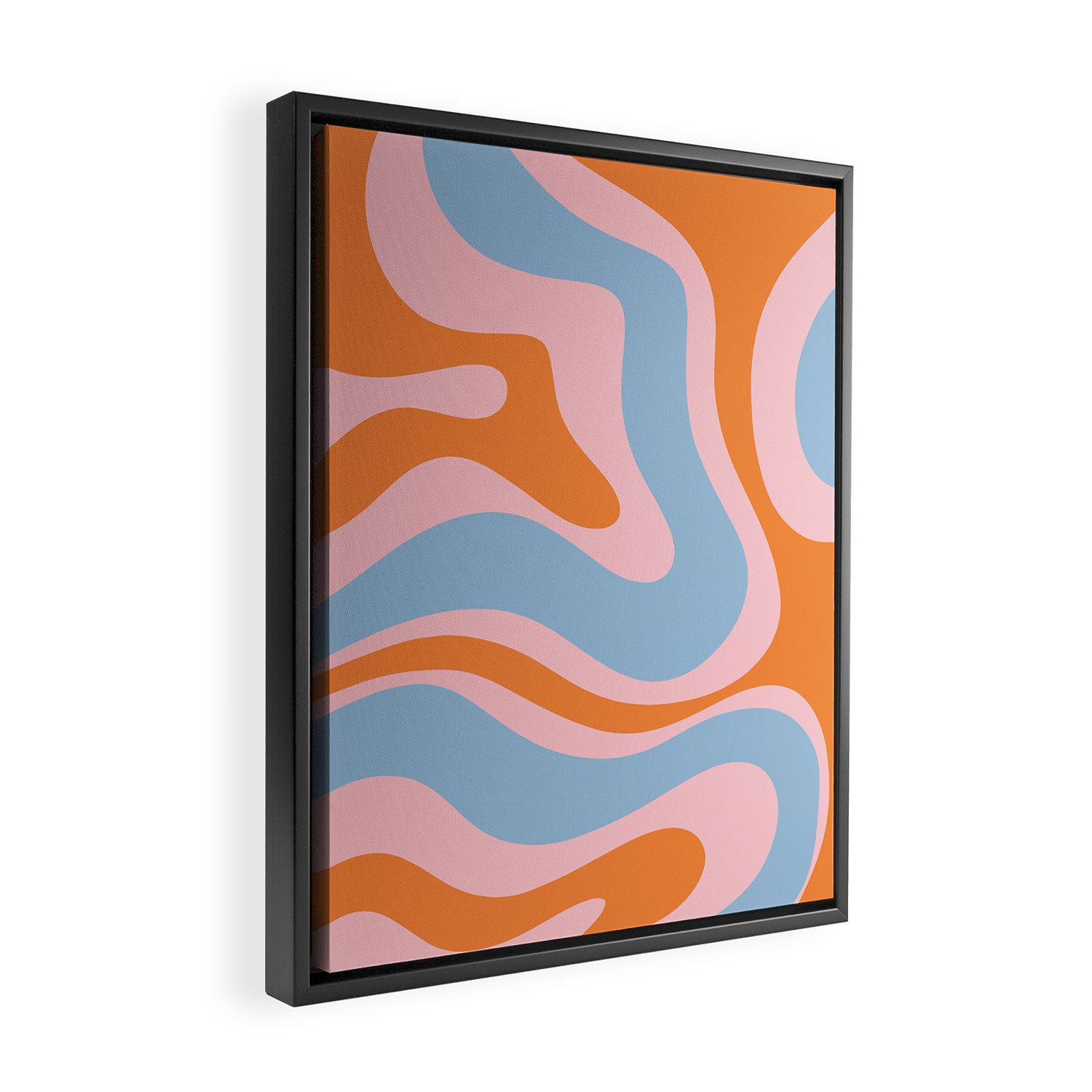 Modern Retro Liquid Swirl Abstract Pattern in Pastel Pink, Light Blue, and Orange Framed Canvas Print Gallery Image 2