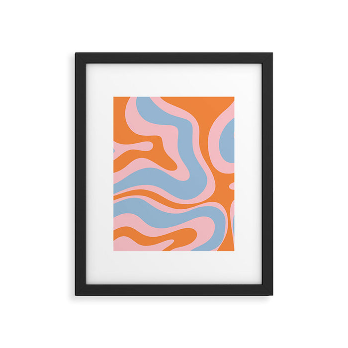 Modern Retro Liquid Swirl Abstract Pattern in Pastel Pink, Light Blue, and Orange Framed Art Print Gallery Image 1