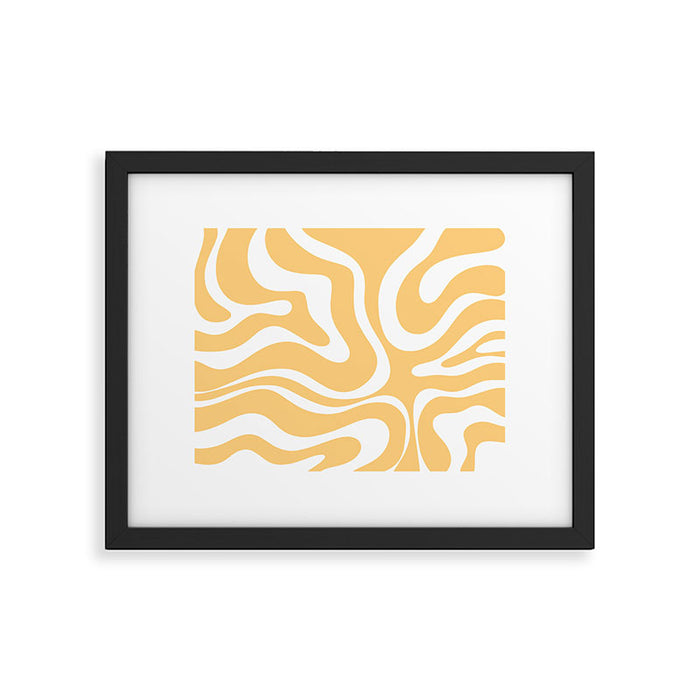 Modern Retro Liquid Swirl Abstract Pattern in Soft Mustard Yellow and White Framed Art Print Gallery Image 1