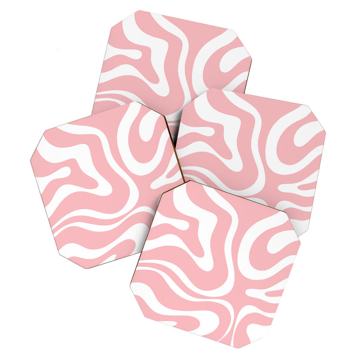 Modern Retro Liquid Swirl Abstract Pattern in Soft Pink Blush and White Coaster Gallery Image 1