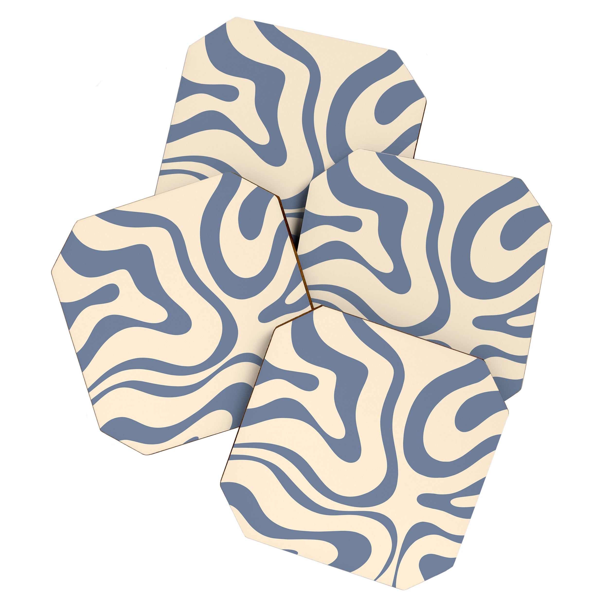 Modern Retro Liquid Swirl Abstract Pattern in Stone Blue and Cream Coaster Gallery Image 1