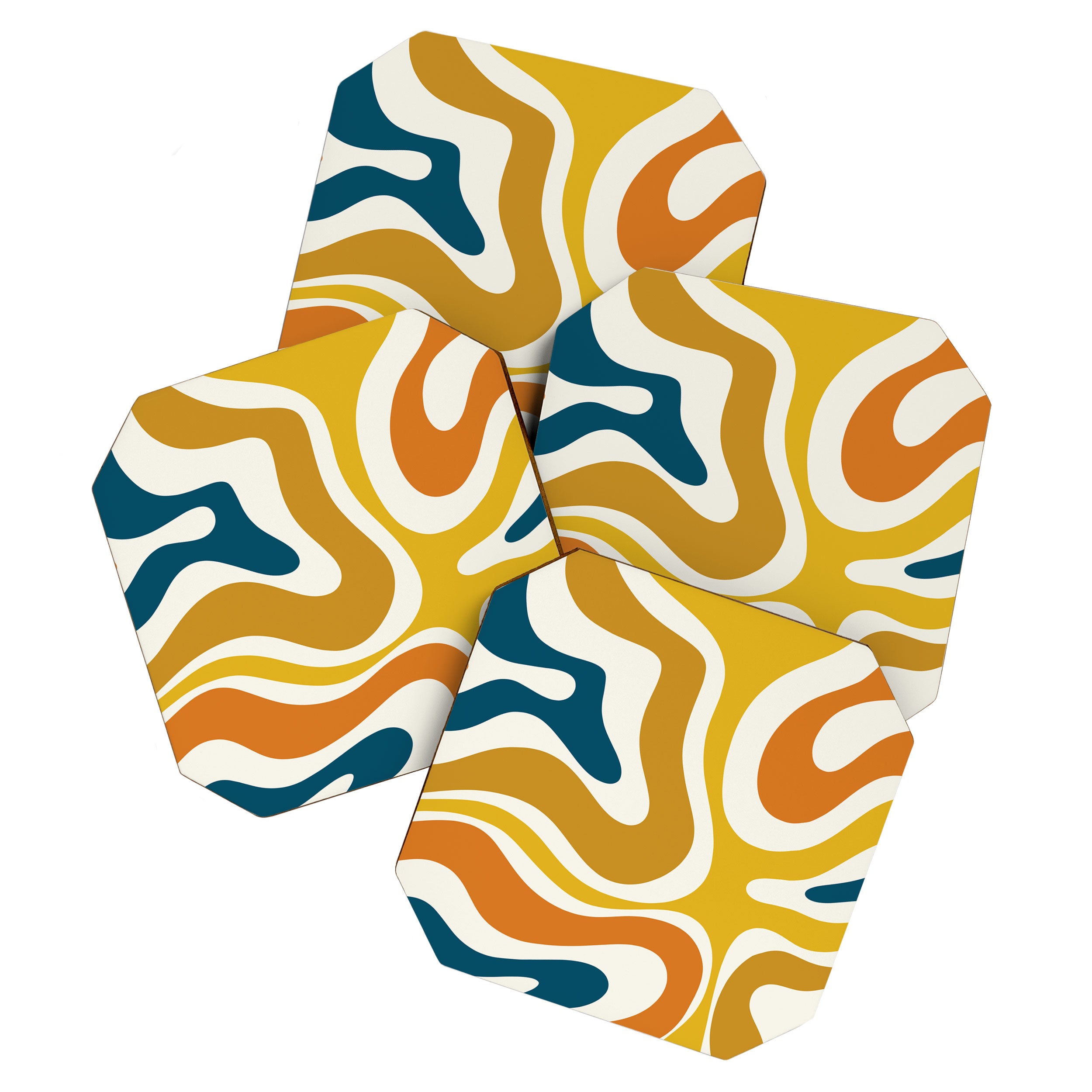 Modern Retro Liquid Swirl Abstract Pattern Orange Mustard Blue Coaster Gallery Image 1
