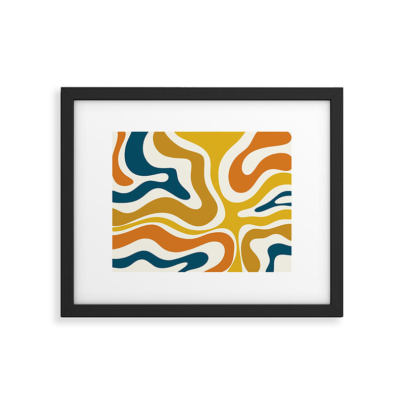 Modern Retro Liquid Swirl Abstract Pattern Orange Mustard Blue Framed Art Print Gallery Image 6