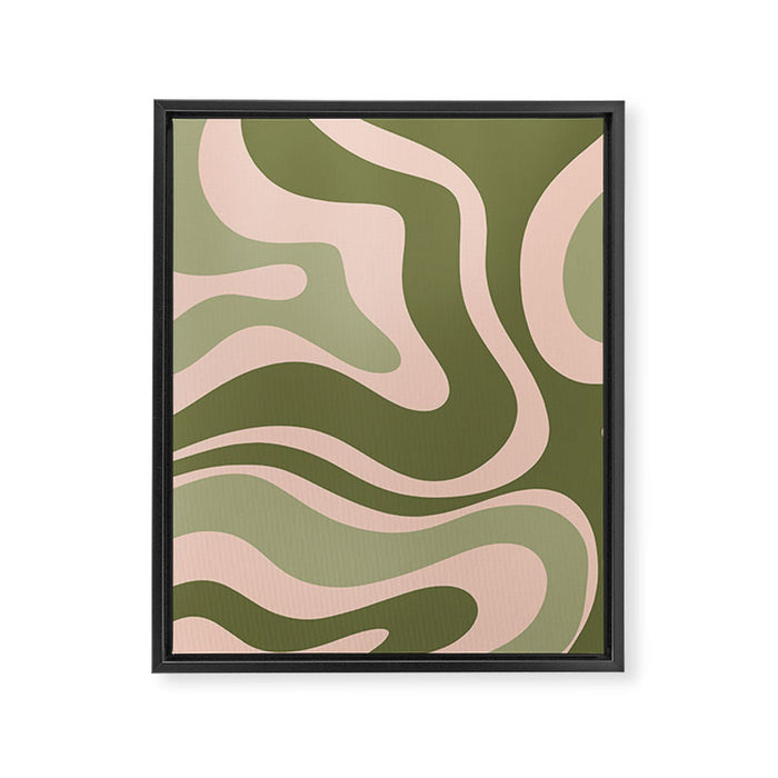 Modern Retro Liquid Swirl Abstract Pattern Sage Olive Green and Pale Blush Pink Framed Canvas Print Gallery Image 1