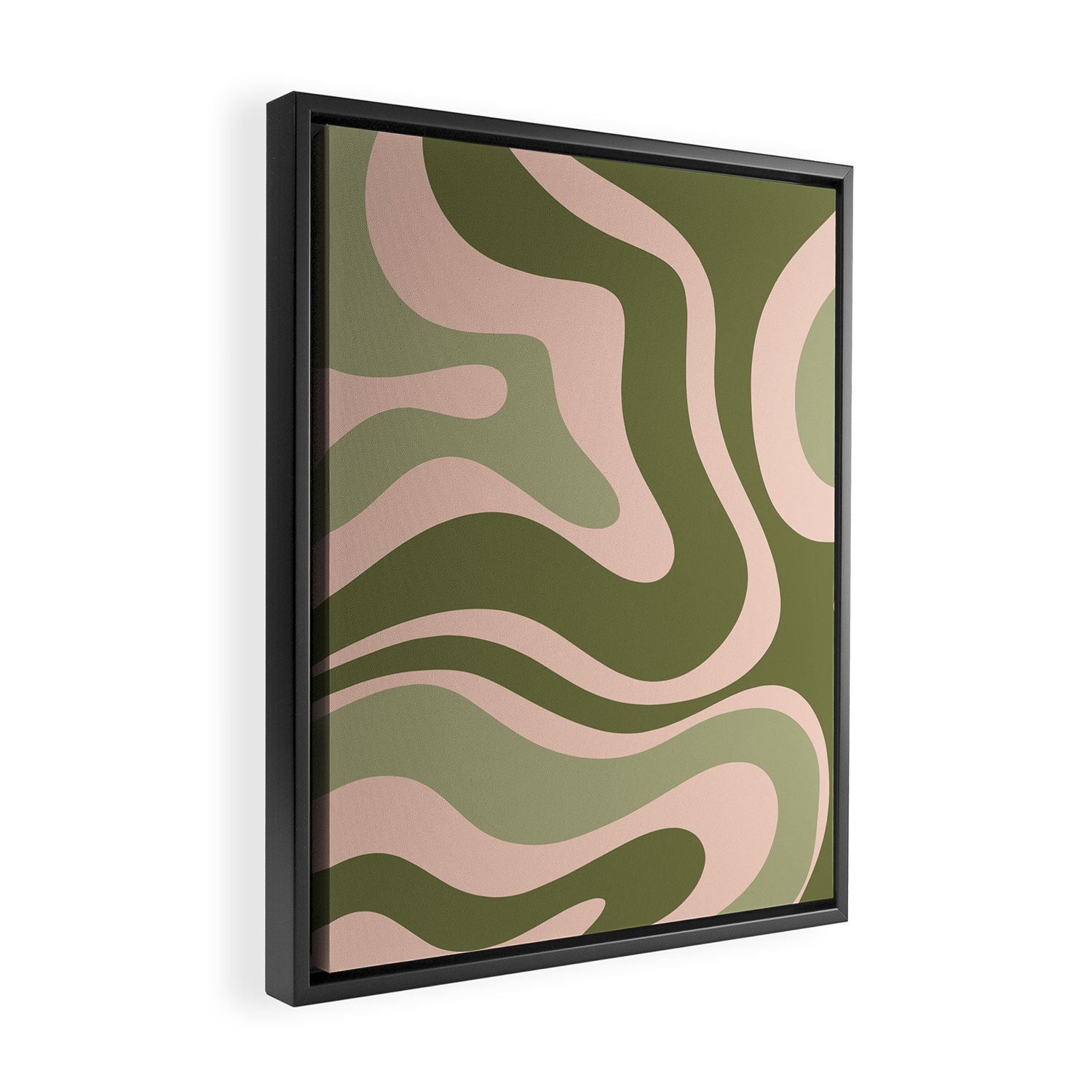 Modern Retro Liquid Swirl Abstract Pattern Sage Olive Green and Pale Blush Pink Framed Canvas Print Gallery Image 2