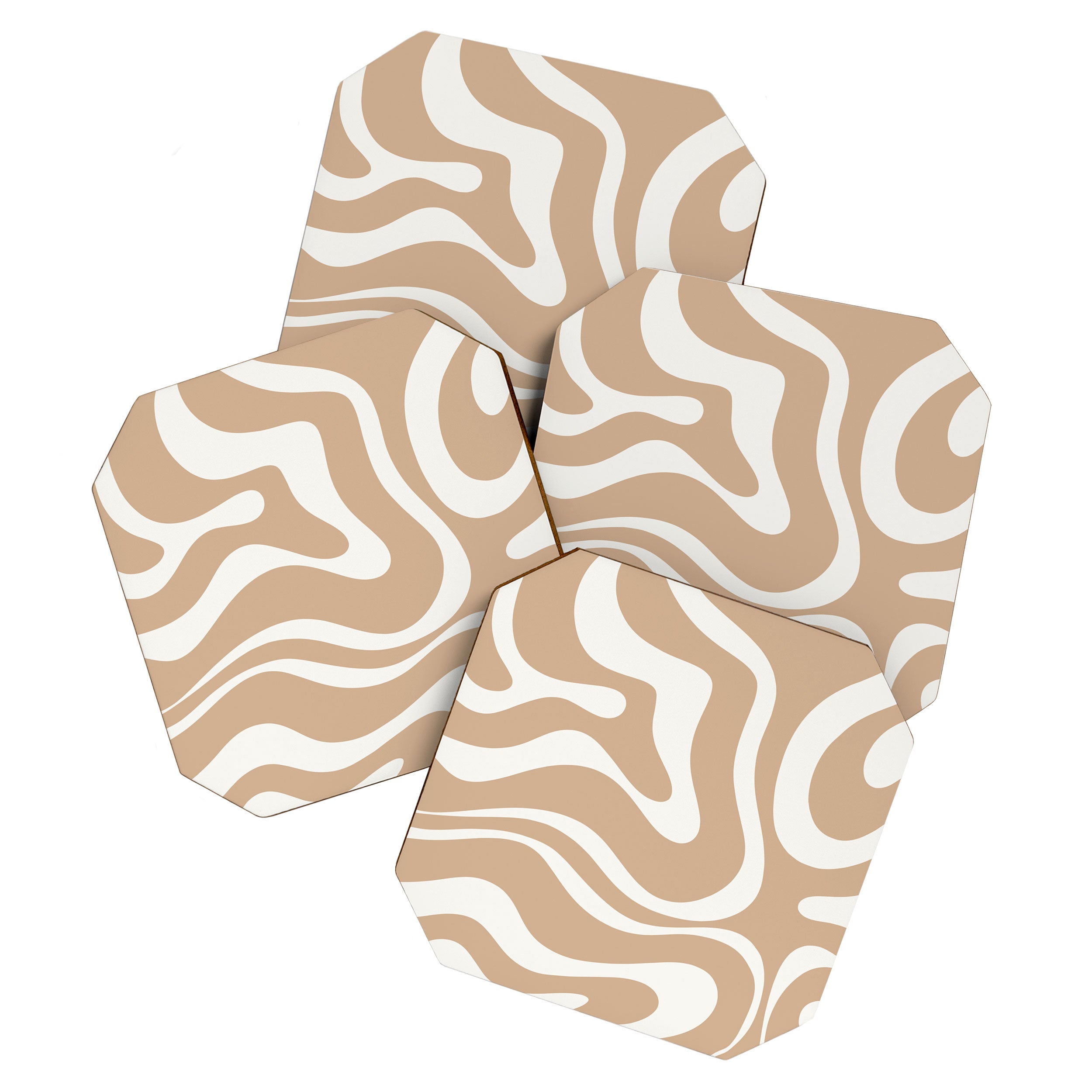 Modern Retro Liquid Swirl Abstract Pattern Square in Coffee Creme and Nearly White Cream Coaster Gallery Image 1