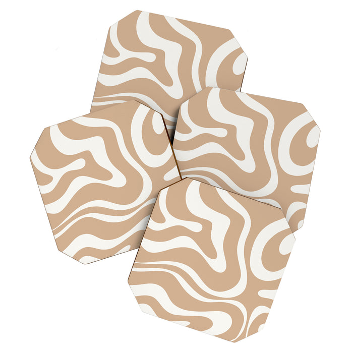 Modern Retro Liquid Swirl Abstract Pattern Square in Coffee Creme and Nearly White Cream Coaster Gallery Image 1