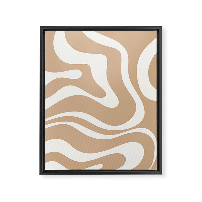 Modern Retro Liquid Swirl Abstract Pattern Square in Coffee Creme and Nearly White Cream Framed Canvas Print Gallery Image 1