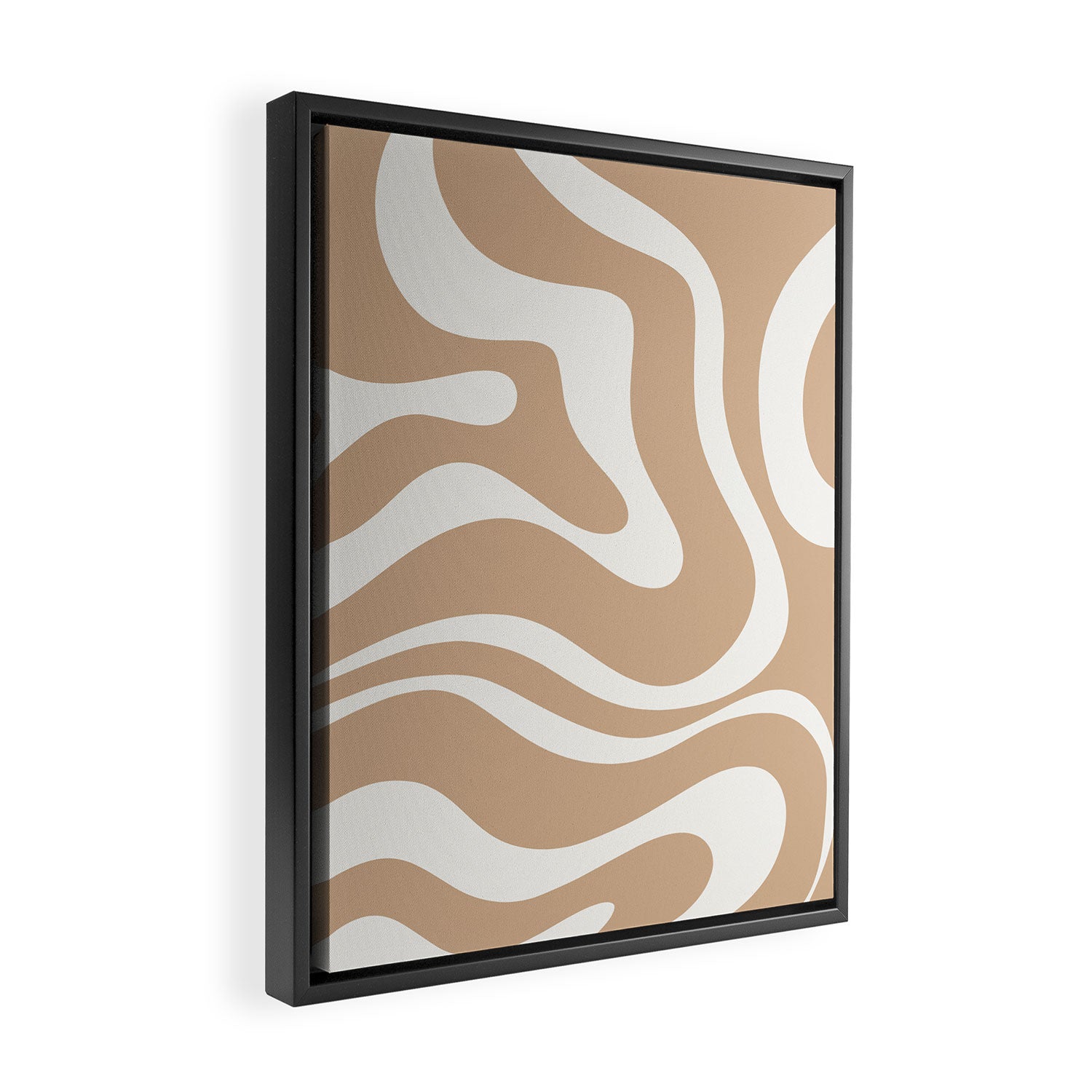 Modern Retro Liquid Swirl Abstract Pattern Square in Coffee Creme and Nearly White Cream Framed Canvas Print Gallery Image 2