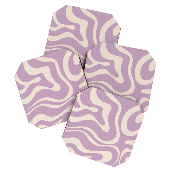 Modern Retro Liquid Swirl Abstract Pattern Square in Lavender Cream Coaster Gallery Image 1