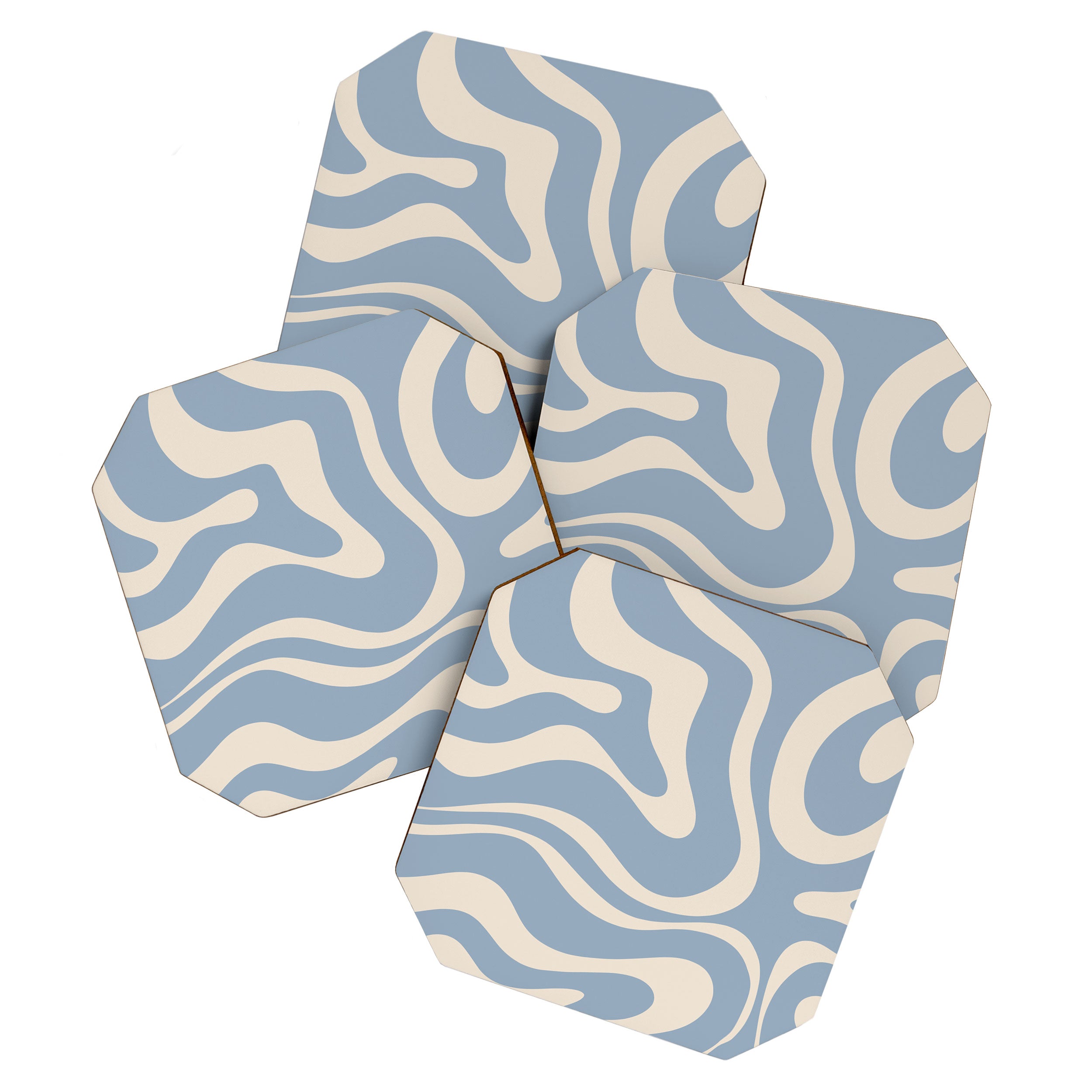 Modern Retro Liquid Swirl Abstract Pattern Square in Muted Light Blue and Cream Beige Coaster Gallery Image 1
