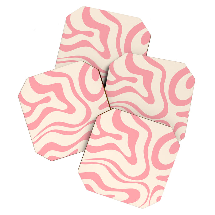 Modern Retro Liquid Swirl Abstract Pattern Square in Pink and Cream Coaster Gallery Image 1