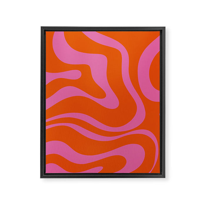 Modern Retro Liquid Swirl Abstract Pattern Square in Red Orange and Hot Pink Framed Canvas Print Gallery Image 1