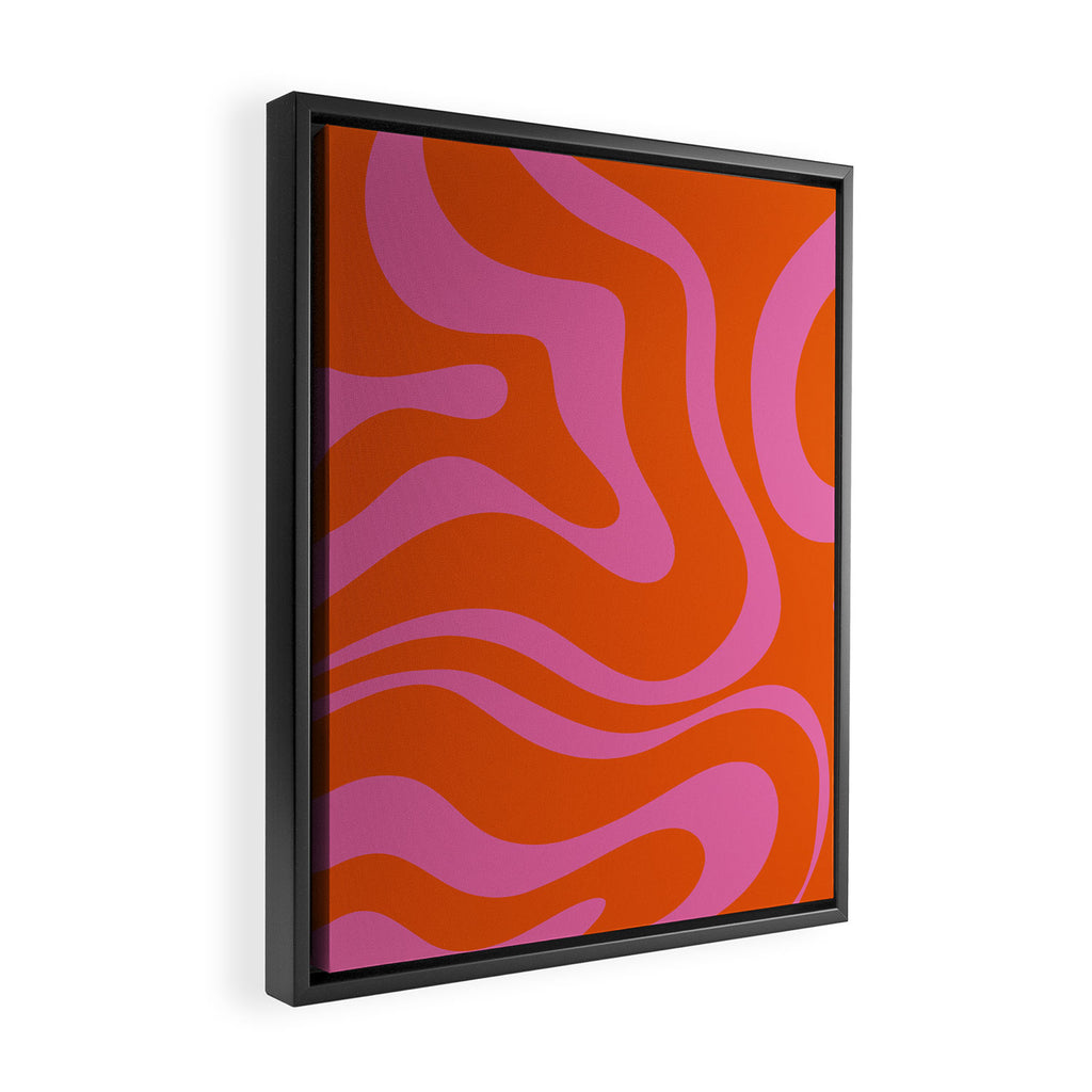Modern Retro Liquid Swirl Abstract Pattern Square in Red Orange and Hot Pink Framed Canvas Print Gallery Image 2