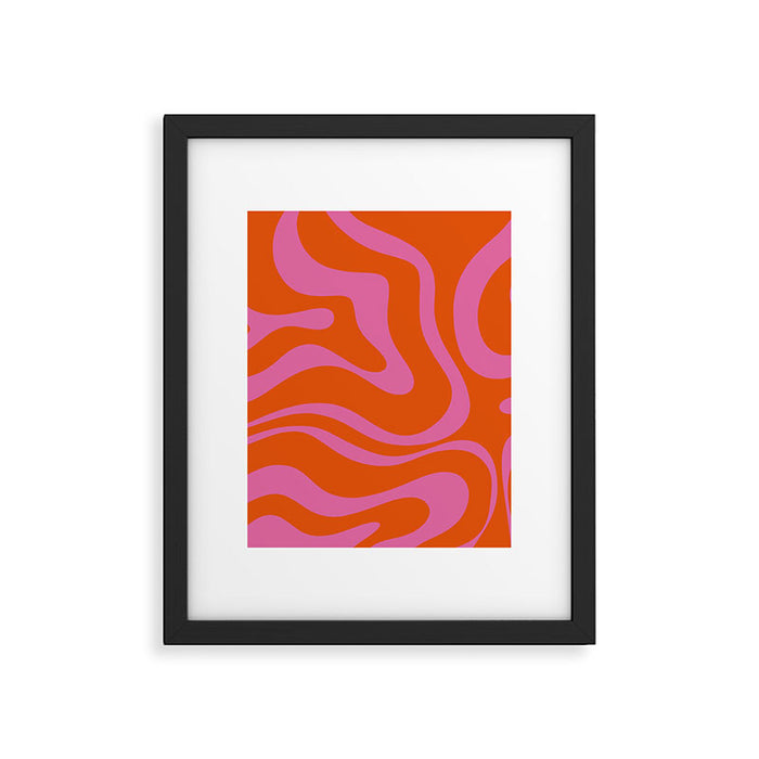 Modern Retro Liquid Swirl Abstract Pattern Square in Red Orange and Hot Pink Framed Art Print Gallery Image 1