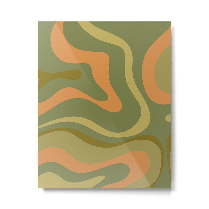 Modern Retro Liquid Swirl Abstract Pattern Square in Vintage Olive Green and Cantaloupe Orange Metal Print Gallery Image 1