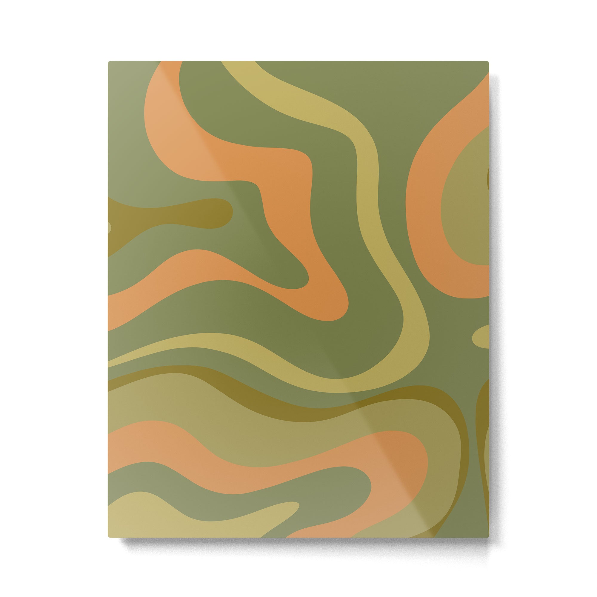 Modern Retro Liquid Swirl Abstract Pattern Square in Vintage Olive Green and Cantaloupe Orange Metal Print Gallery Image 6