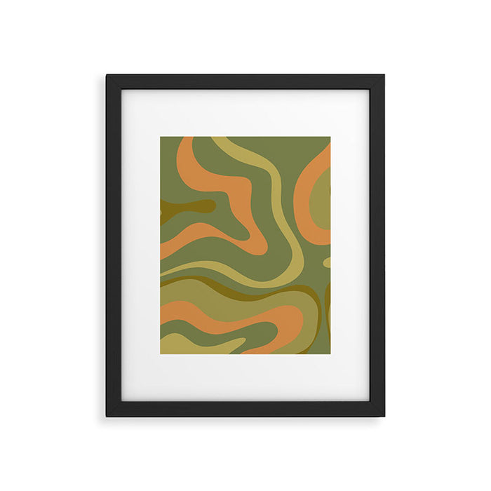 Modern Retro Liquid Swirl Abstract Pattern Square in Vintage Olive Green and Cantaloupe Orange Framed Art Print Gallery Image 1