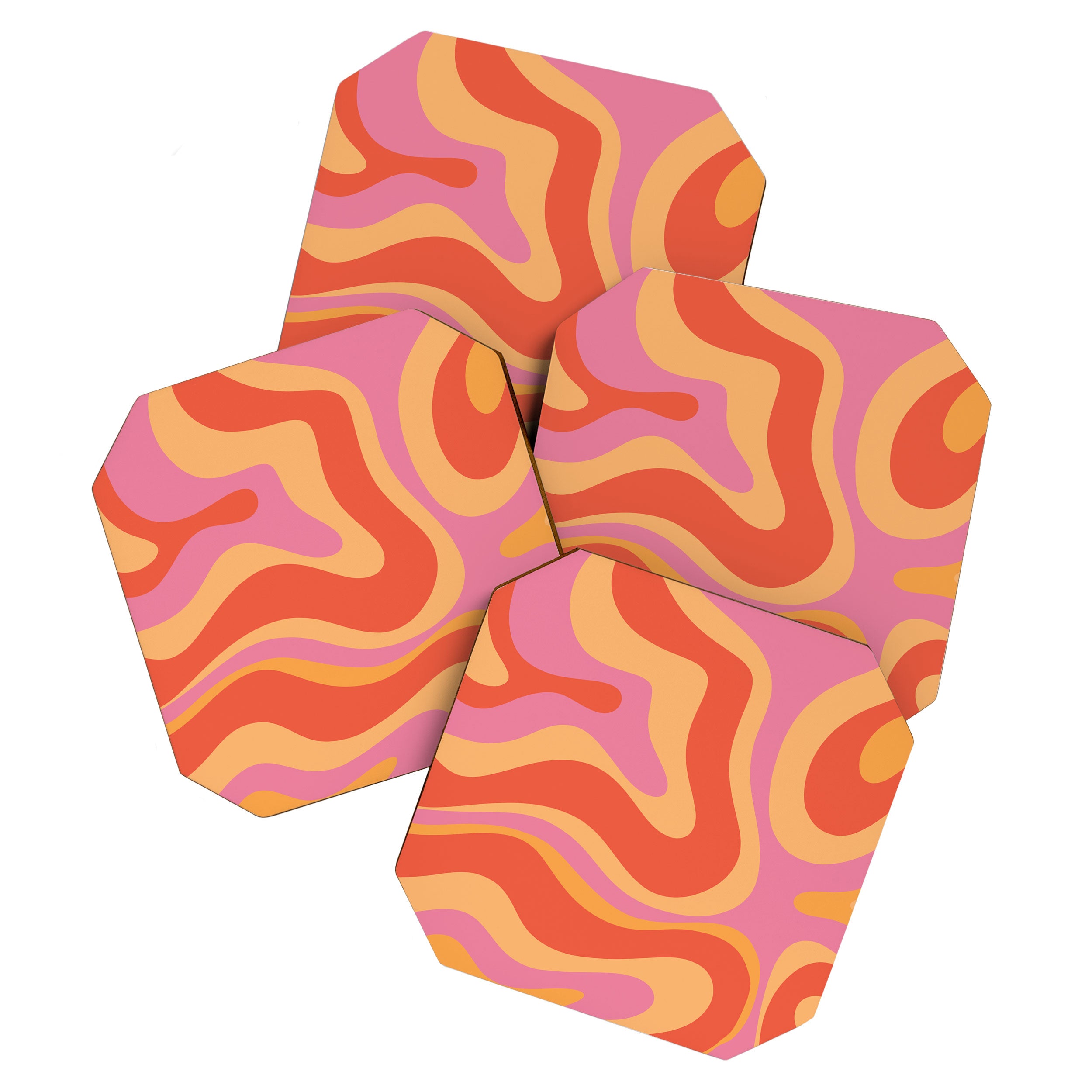 Modern Retro Liquid Swirl Abstract Pattern Square in Vintage Pink and Orange Coaster Gallery Image 1