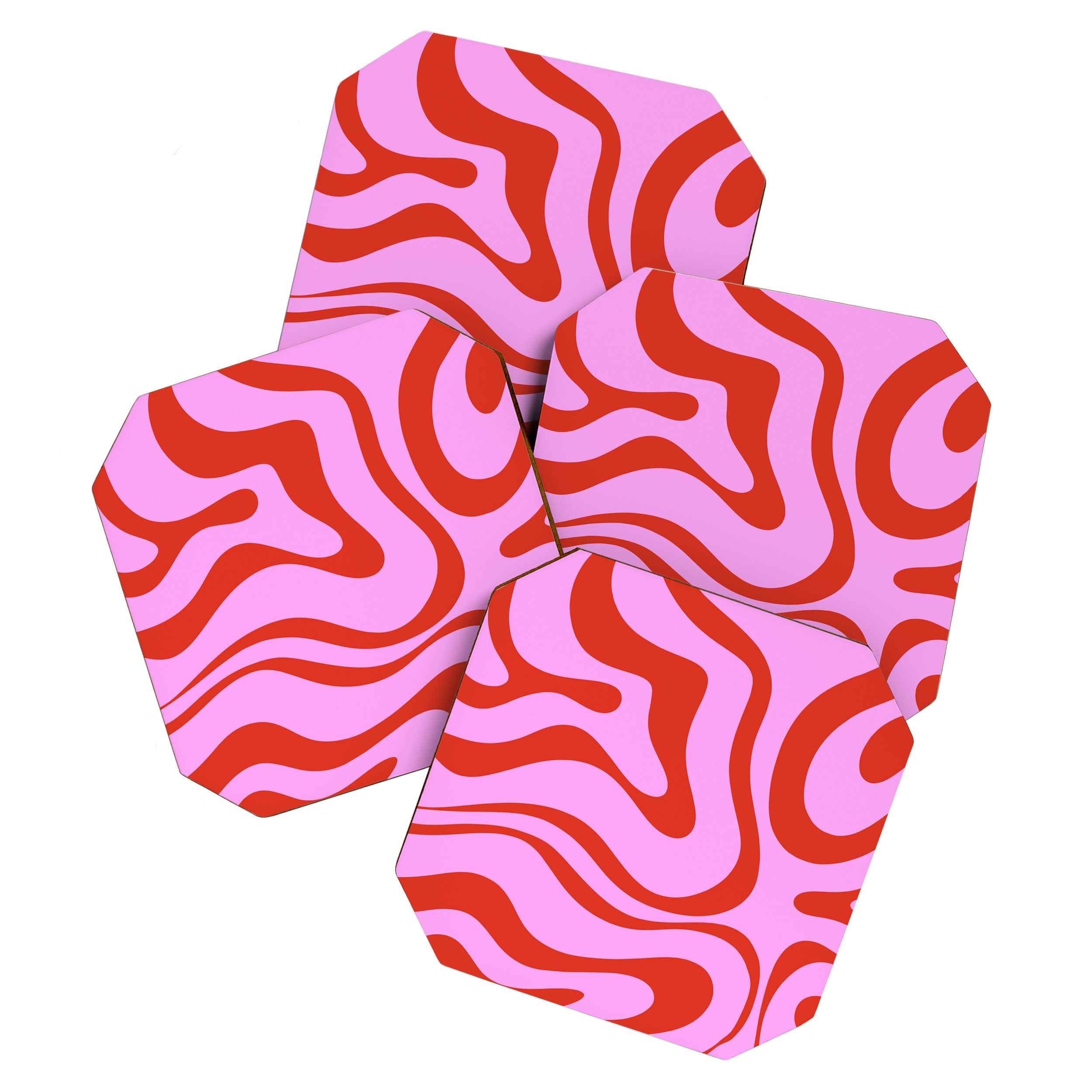 Modern Retro Liquid Swirl Abstract Pattern Square Red and Pink Coaster Gallery Image 1