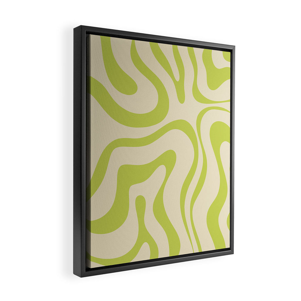 Modern Retro Liquid Swirl Abstract Pattern Vertical in Light Lime Linden Green Beige Framed Canvas Print Gallery Image 2