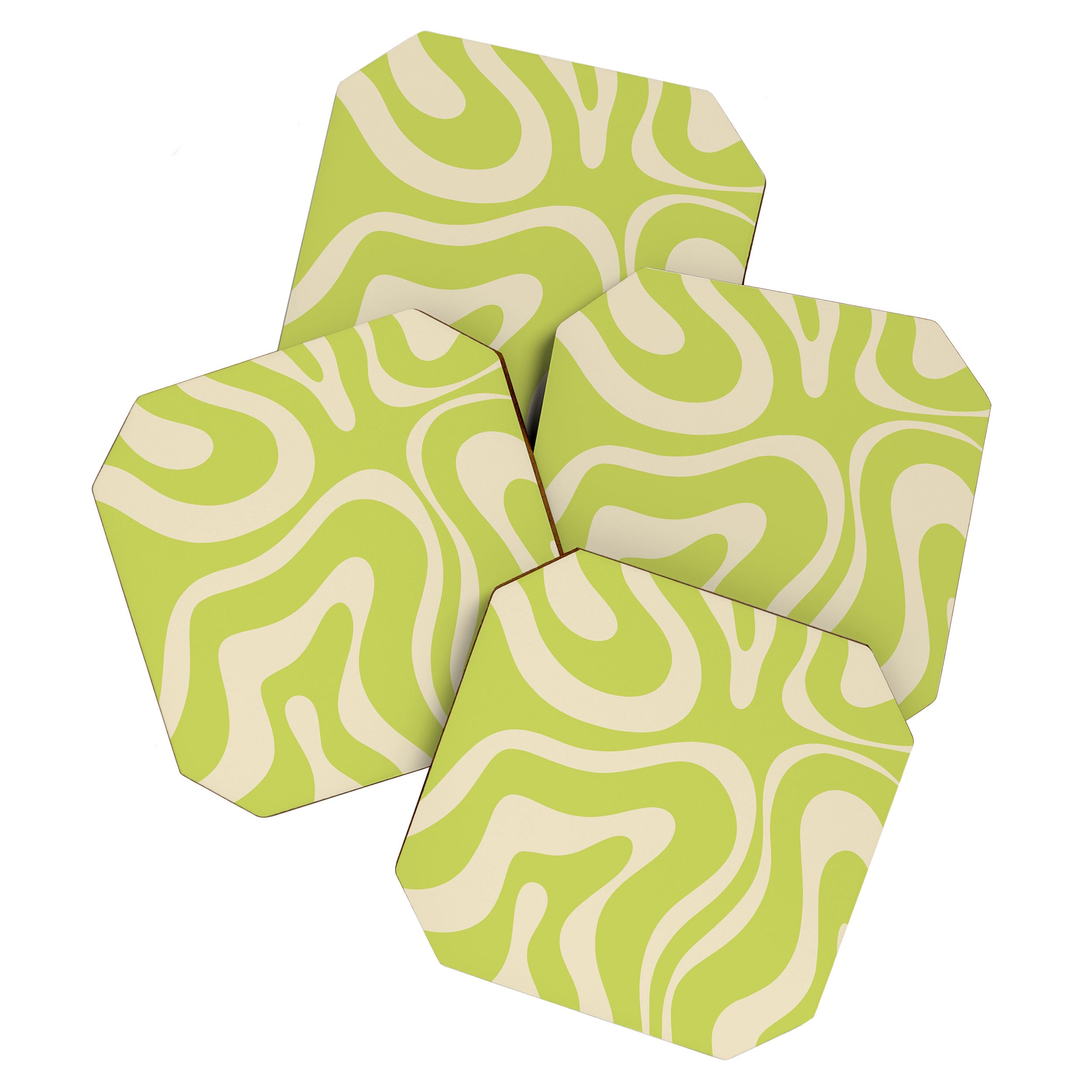 Modern Retro Liquid Swirl Abstract Pattern Vertical Light Lime Linden Green and Beige Coaster Gallery Image 1