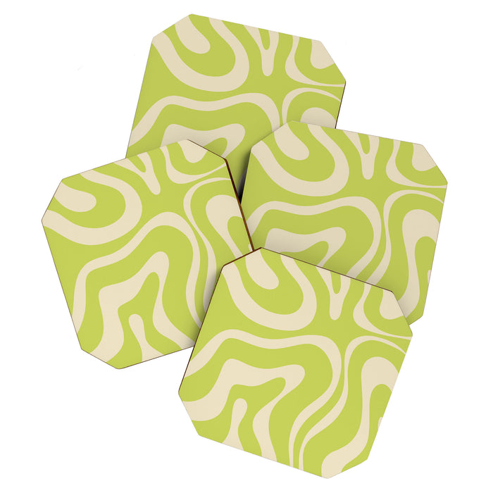Modern Retro Liquid Swirl Abstract Pattern Vertical Light Lime Linden Green and Beige Coaster Gallery Image 1