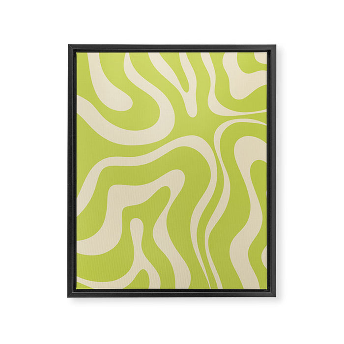 Modern Retro Liquid Swirl Abstract Pattern Vertical Light Lime Linden Green and Beige Framed Canvas Print Gallery Image 1