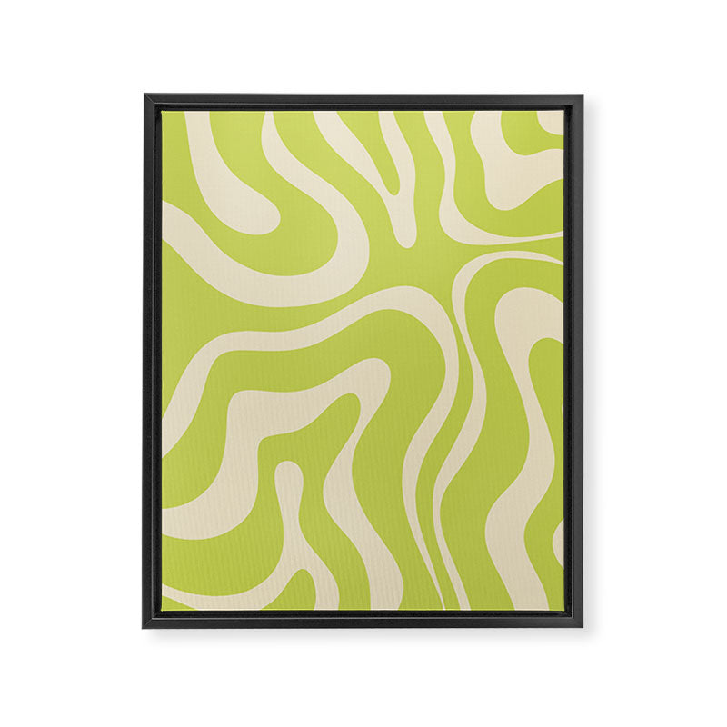 Modern Retro Liquid Swirl Abstract Pattern Vertical Light Lime Linden Green and Beige Framed Canvas Print Gallery Image 6