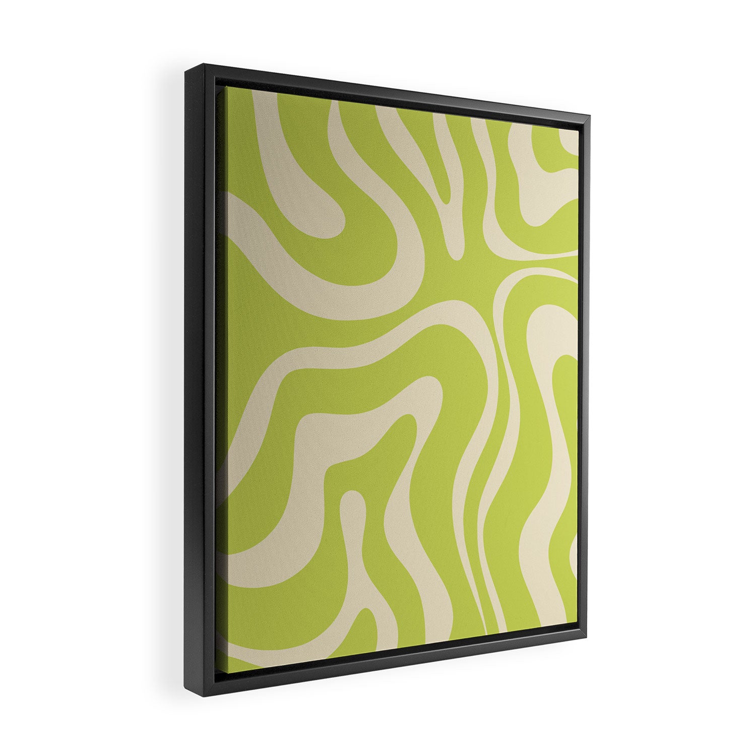 Modern Retro Liquid Swirl Abstract Pattern Vertical Light Lime Linden Green and Beige Framed Canvas Print Gallery Image 2