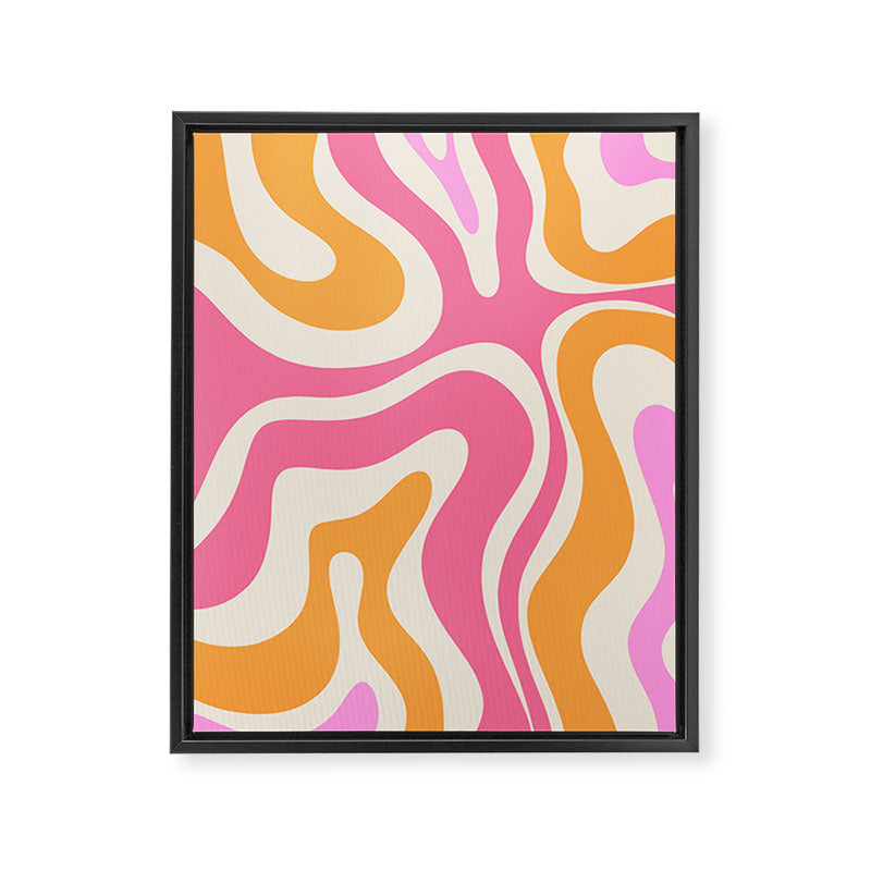 Modern Retro Liquid Swirl Abstract Pattern Vertical Pink and Orange Framed Canvas Print Gallery Image 6
