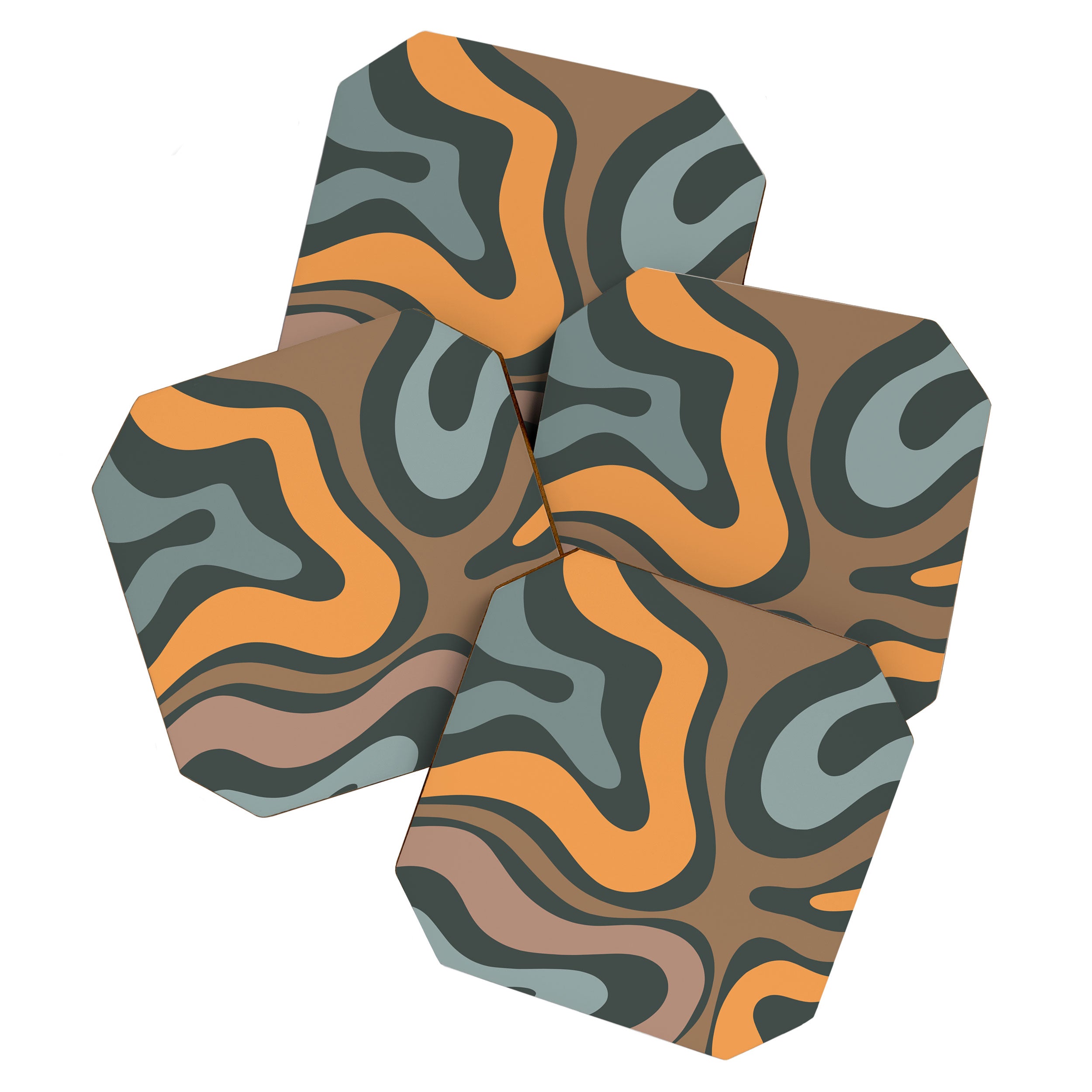 Modern Retro Liquid Swirl Abstract Slate Blue Orange Brown Taupe Coaster Gallery Image 1