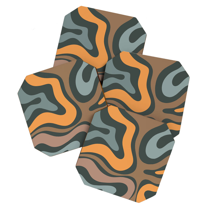 Modern Retro Liquid Swirl Abstract Slate Blue Orange Brown Taupe Coaster Gallery Image 1