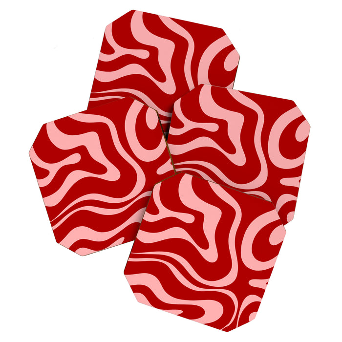 Modern Retro Liquid Swirl Fluid Abstract Bold Red and Pink Coaster Gallery Image 1