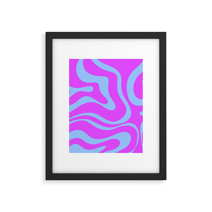 Modern Retro Liquid Swirl Fluid Abstract Pattern Bright Violet and Blue Framed Art Print Gallery Image 1