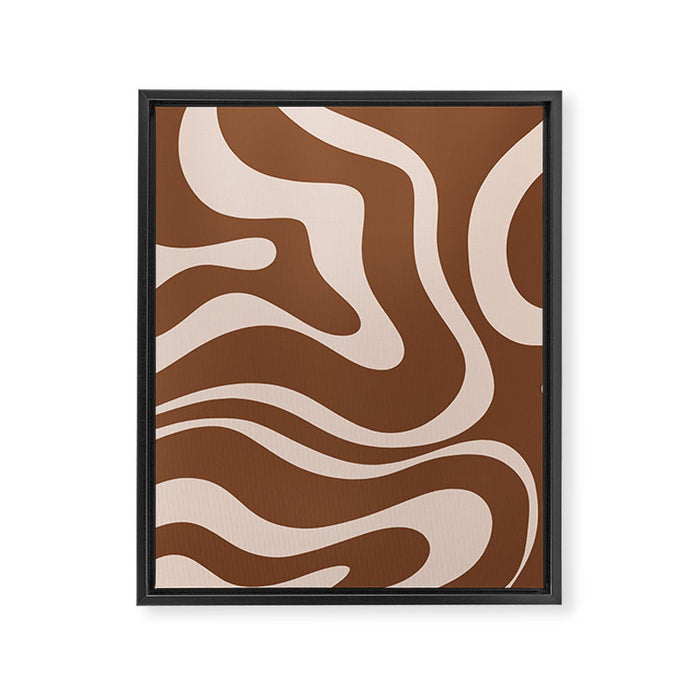 Modern Retro Liquid Swirl Fluid Abstract Pattern in Brown Framed Canvas Print Gallery Image 1