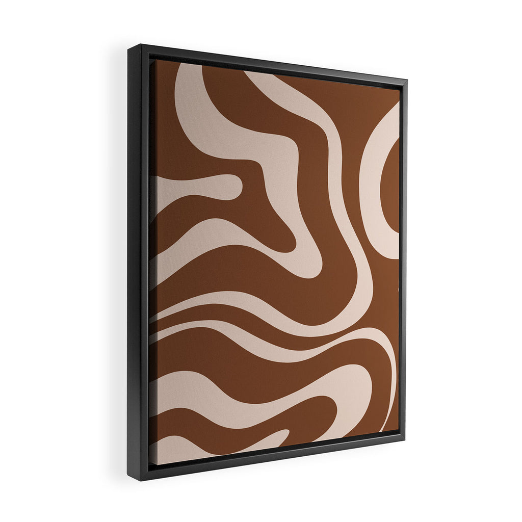 Modern Retro Liquid Swirl Fluid Abstract Pattern in Brown Framed Canvas Print Gallery Image 2