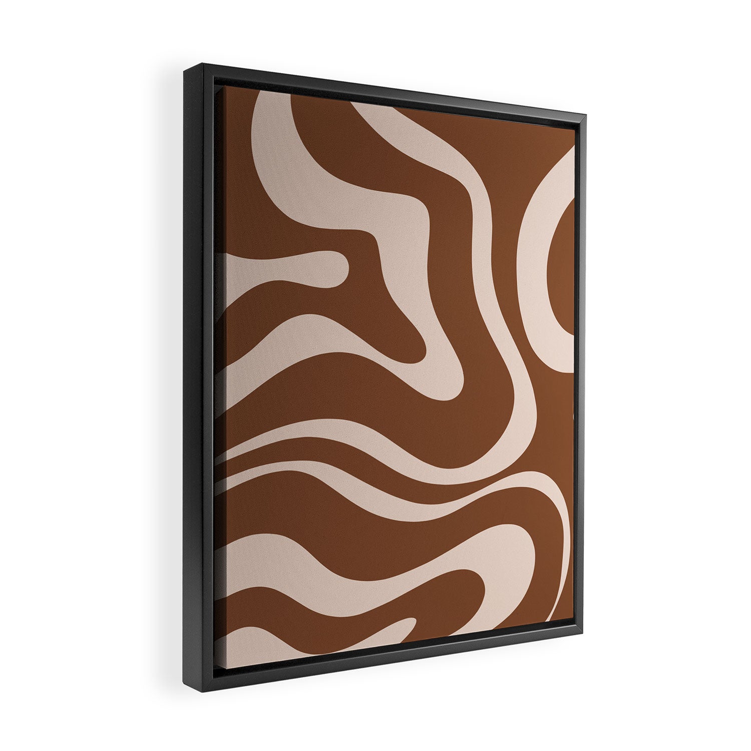 Modern Retro Liquid Swirl Fluid Abstract Pattern in Brown Framed Canvas Print Gallery Image 2