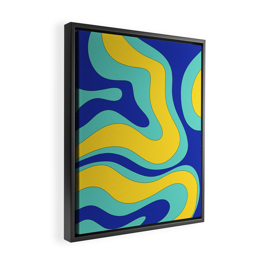 Modern Retro Liquid Swirl Funky Abstract Pattern Blue Aqua Yellow Framed Canvas Print Gallery Image 2