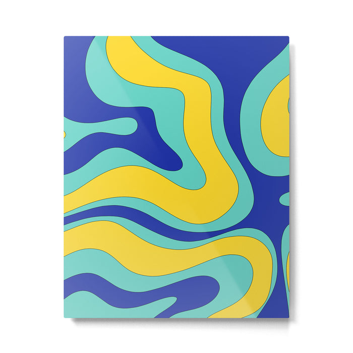 Modern Retro Liquid Swirl Funky Abstract Pattern Blue Aqua Yellow Metal Print Gallery Image 1