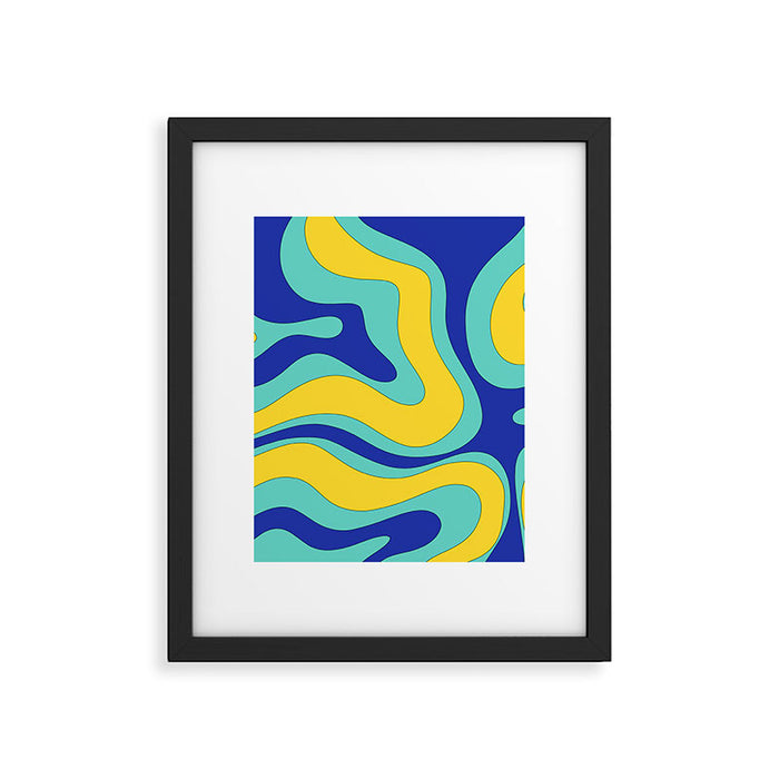 Modern Retro Liquid Swirl Funky Abstract Pattern Blue Aqua Yellow Framed Art Print Gallery Image 1
