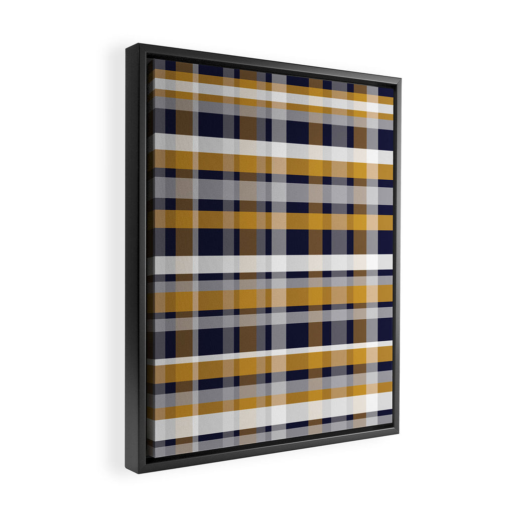 Modern Retro Plaid in Mustard Yellow, White, Navy Blue, and Grey Framed Canvas Print Gallery Image 2