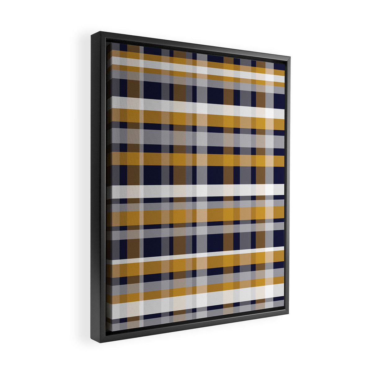 Modern Retro Plaid in Mustard Yellow, White, Navy Blue, and Grey Framed Canvas Print Gallery Image 2