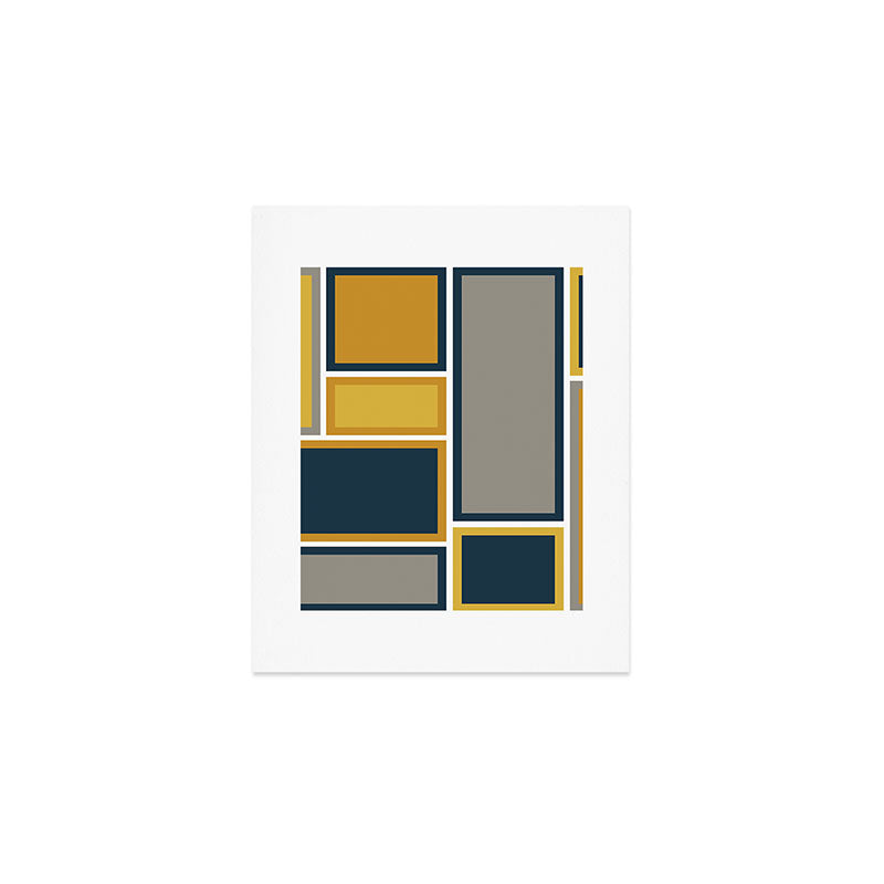 Modular Midcentury Modern Geometric Pattern in Navy Blue, Mustard, Grey, and White Art Print Gallery Image 1