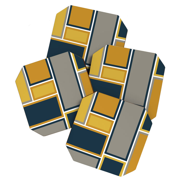 Modular Midcentury Modern Geometric Pattern in Navy Blue, Mustard, Grey, and White Coaster Gallery Image 1