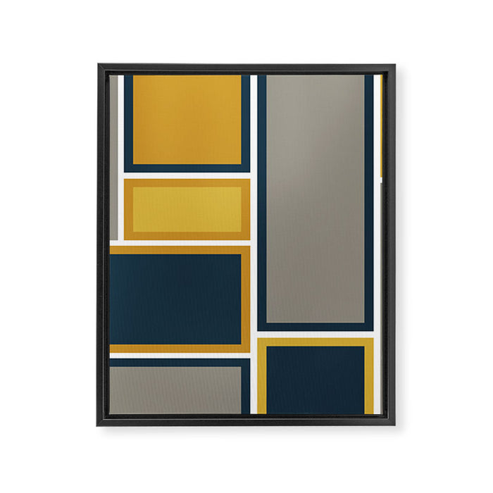 Modular Midcentury Modern Geometric Pattern in Navy Blue, Mustard, Grey, and White Framed Canvas Print Gallery Image 1